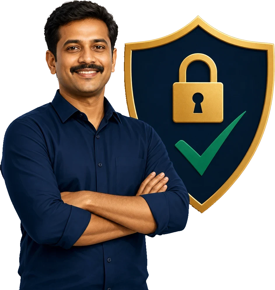 An Indian small-business owner with arms crossed beside a gold-and-navy shield bearing a padlock and green checkmark, representing DPDP data-protection compliance.