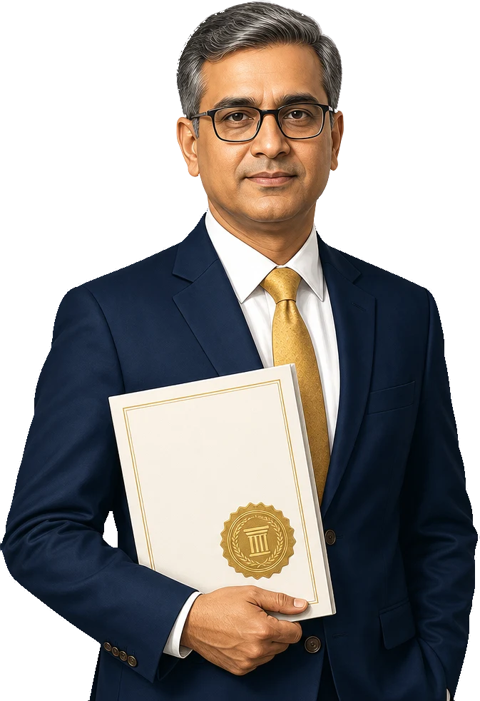 An Indian chartered accountant in a navy suit and gold tie holding a compliance certificate with a gold institutional seal, ready to advise clients on DPDP.