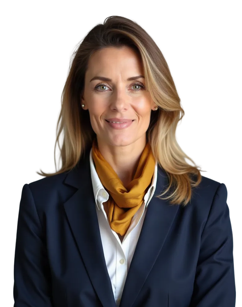 A privacy officer at a global technology company in a navy blazer and gold scarf, responsible for the company’s DPDP obligations to its users in India.