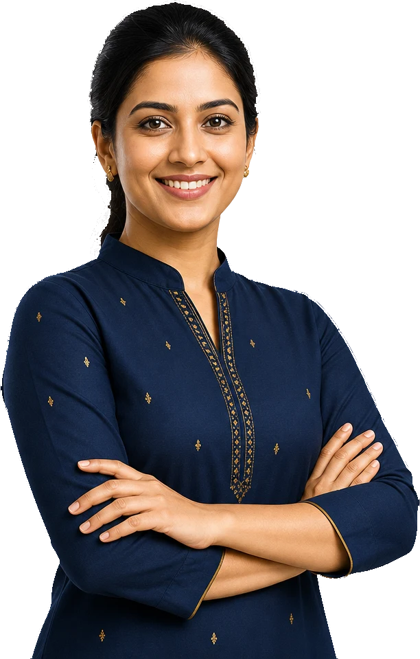 An Indian woman small-business owner in a navy kurta with arms crossed, confident about her DPDP data-protection compliance.